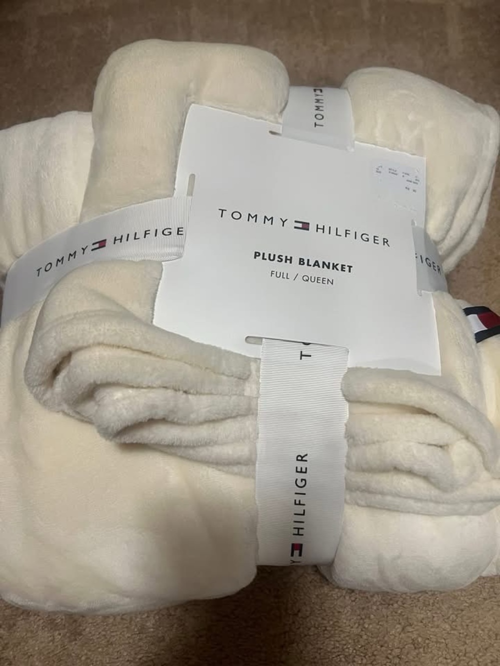 Tommy Hilfiger Cream Plush Throw Blanket